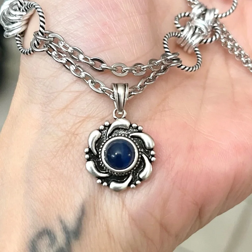 925 sterling silver blue kyanite stone charm on stainless steel maille choker - Picture 8 of 16